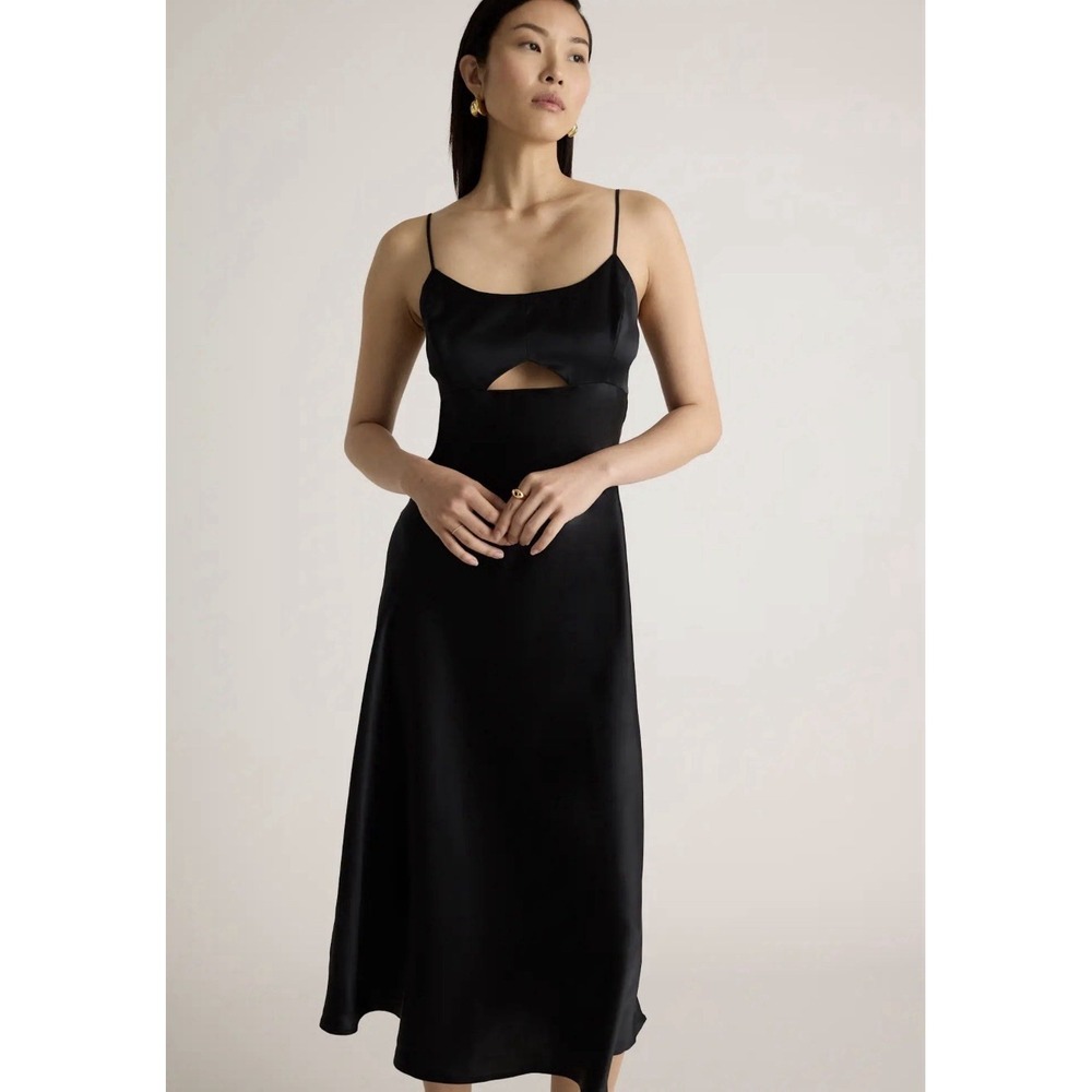 Quince Black Satin Midi Dress with Cutout